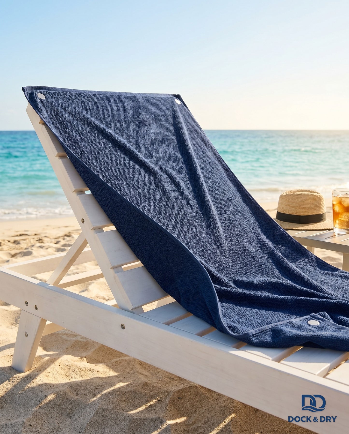 Magnetic beach towel on a sun lounger, held flat by magnets – Dock & Dry